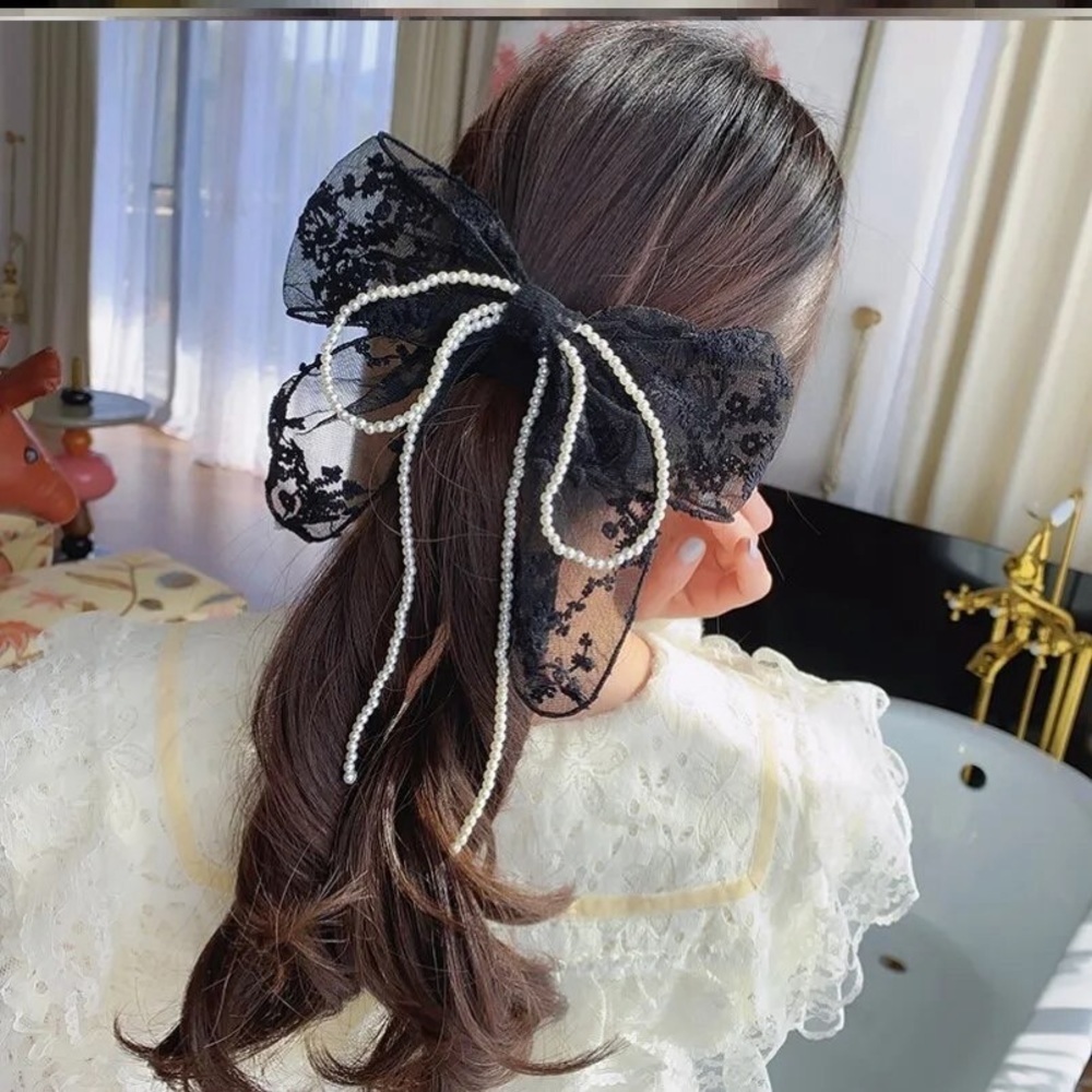Black Lace & Pearl Bow French Barrette Hair Clip